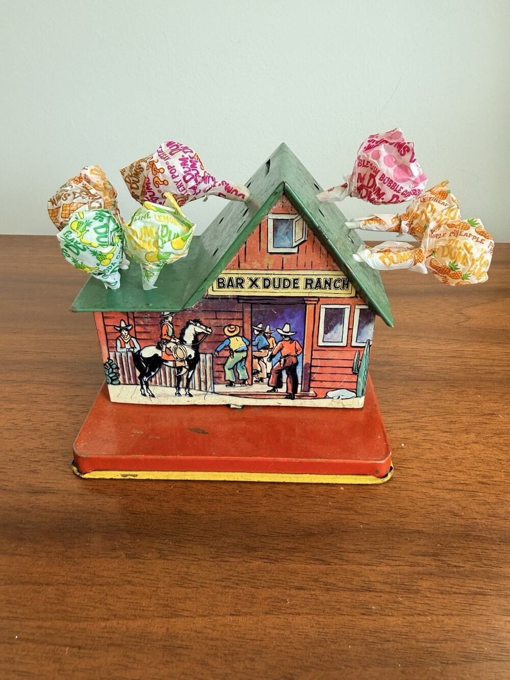 Vintage 50s Tin Lithograph Bar X Dude Ranch Bank Lollipop Holder Western